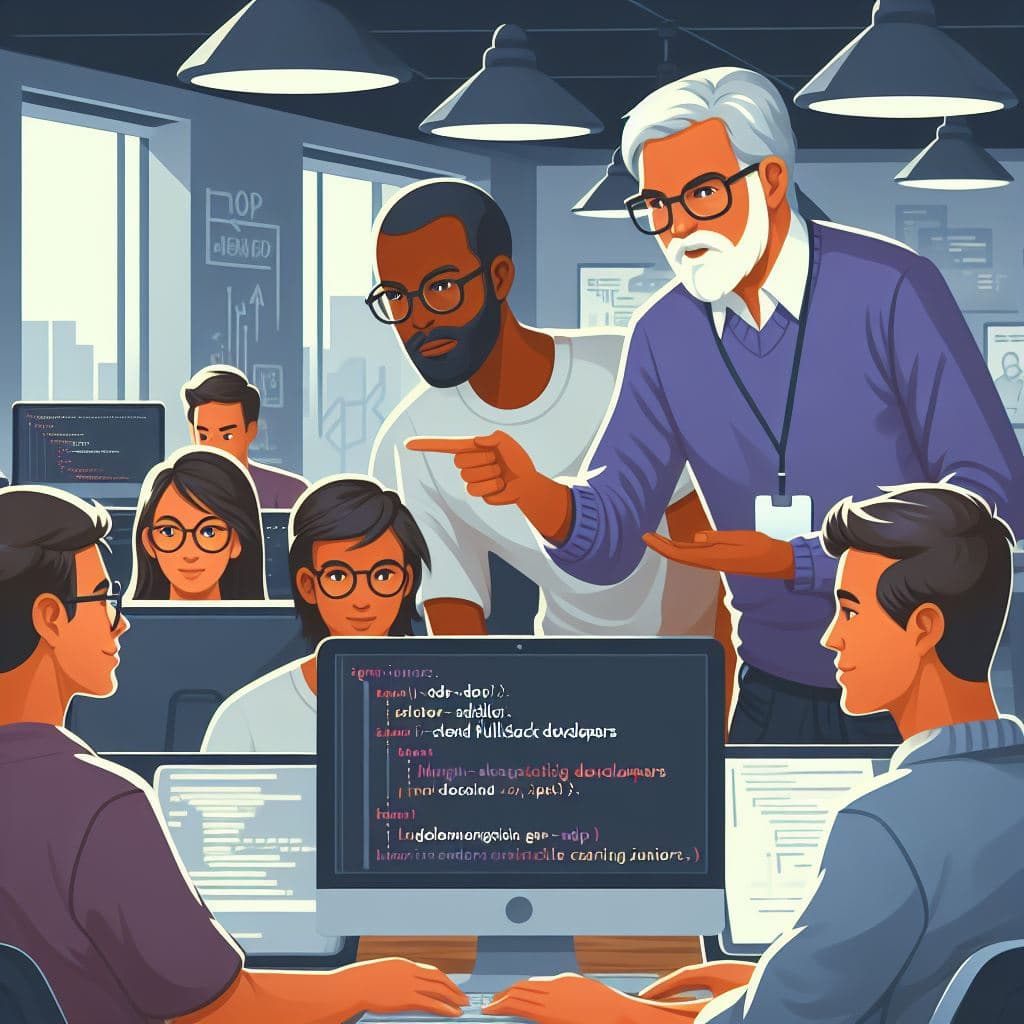 An illustration of experienced fullstack developers teaching juniors